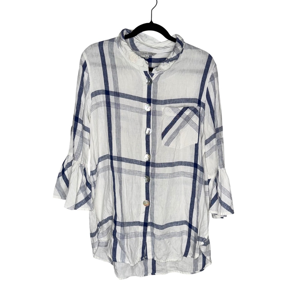 John Mark Linen Top Womens Medium White Blue Plaid Excellent Bell Sleeve Button